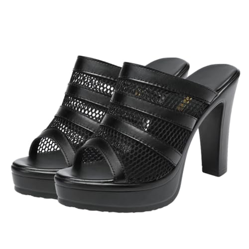 SHERCHPRY Damen Sandalen Sommer High Heels mit Netz und Grobem Absatz Atmungsaktiv Modisch Bequeme Plateausandaletten in Schwarz für Outdoor und Alltag von SHERCHPRY