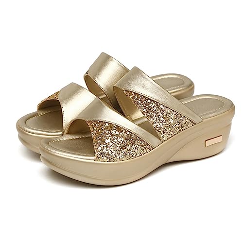 SHERCHPRY Damen Sandalen Sommer Thick Wedge Slipper mit Glänzender Deko Bequeme Blockabsatz Pantoletten für Freizeit und Strand Rutschfestes Fußbett Einfache Handhabung Goldene Farbe von SHERCHPRY