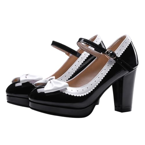 SHERCHPRY Damen Schuhe mit Schleifen Design Dünn und Leicht Robuster Blockabsatz Komfortabel und Modisch für Arbeit Party Bankett und Formelle Anlässe Schwarz von SHERCHPRY