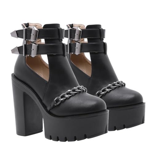 SHERCHPRY Damen Stiefel mit Nieten und Ketten Wasserfeste Plateausohle Hoher Blockabsatz Rutschfest Modische Ankle Boots Eleganter Herbst und Winterschuh von SHERCHPRY