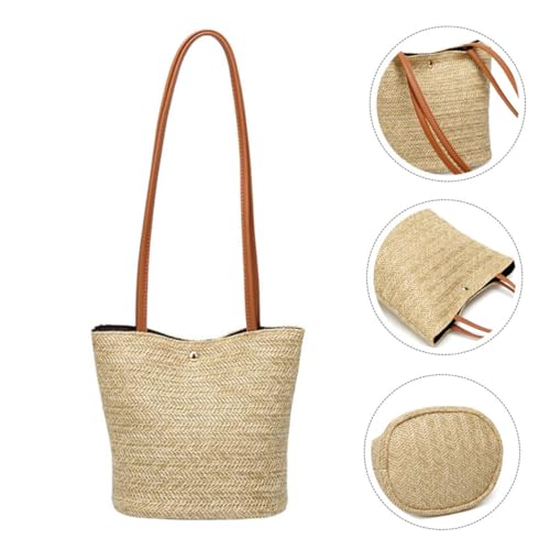 SHERCHPRY Damen Strohtasche Handgewebte Strandtasche Bucket Bag aus Polyester mit Braunem Schulterriemen Praktische Umhängetasche für Urlaub Freizeit und Shopping von SHERCHPRY