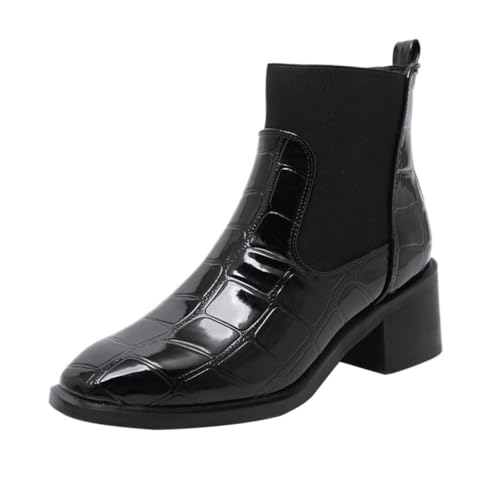 SHERCHPRY Damen Winterstiefel mit Blockabsatz Modische Alligatorprägung Rutschfeste Sohle Mittelhoher Schaft Komfortabel und Elegant für Alltag Party und Arbeit Schwarz von SHERCHPRY