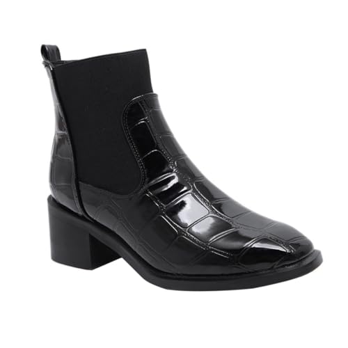SHERCHPRY Damen Winterstiefel mit Krokodilprägung Modische Boots mit Grobem Blockabsatz Atmungsaktive Herbst Winter Schuhe für Frauen Komfortabel und Langlebig Schwarz von SHERCHPRY