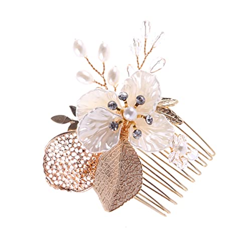 SHERCHPRY Eleganter Haarkamm mit Goldfarbenen Blättern Künstlichen Perlen und Strasssteinen Brautschmuck für Hochzeit Verstellbarer Haarschmuck für Braut und Besondere Anlässe von SHERCHPRY