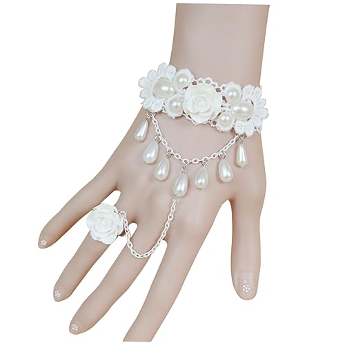 SHERCHPRY Fingerring Armband Damenringe Armband Für Frauen Armband Mit Ring Armband Aus Legierung Sklavenarmband Bandringe Für Damen Jubiläumsgeschenke Braut Weiß Perle Schmuck von SHERCHPRY