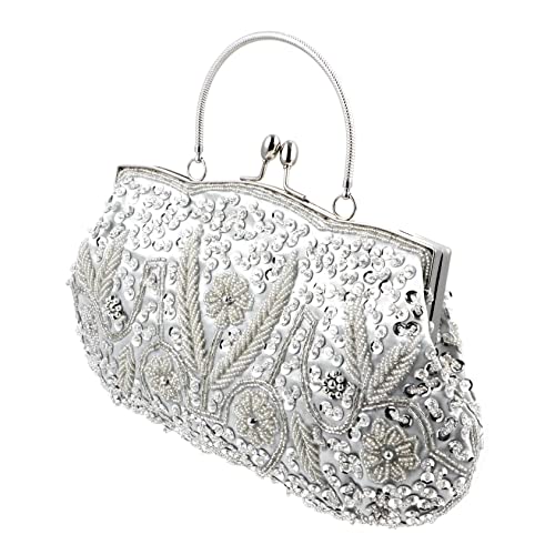 SHERCHPRY Handgefertigte Clutch Abendtasche mit Perlenstickerei Party und Hochzeits Handtasche für Damen Silbernes Retro Design Abendbegleitung für Festliche Anlässe von SHERCHPRY