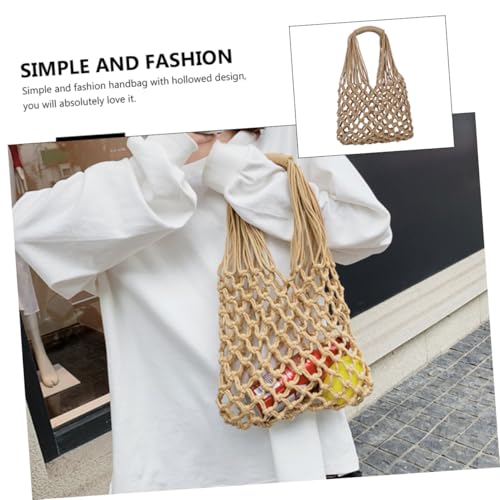 SHERCHPRY Handgefertigte Gewebte Strandtasche aus Baumwollseil Hohles Design Leichte Umhängetasche für Alltag Shopping Urlaub und Party Langlebige Modische Schultertasche in Braun von SHERCHPRY