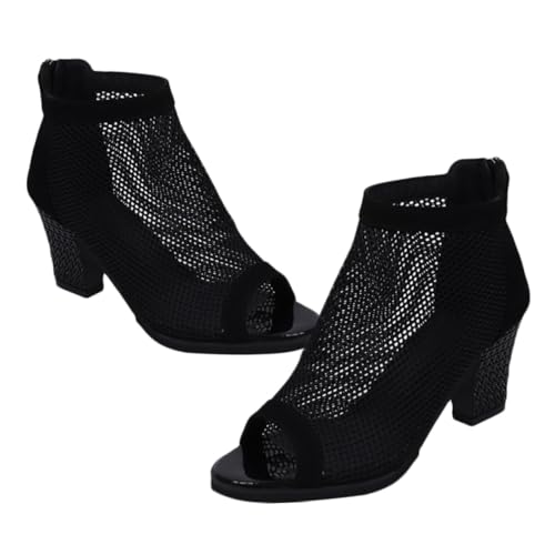 SHERCHPRY High Heel Sandalen Damen Schwarz Großer Blockabsatz Fischmaul Design Atmungsaktive Netzstruktur Modische Sommerkleidung Bequeme Anziehbare Damenschuhe von SHERCHPRY
