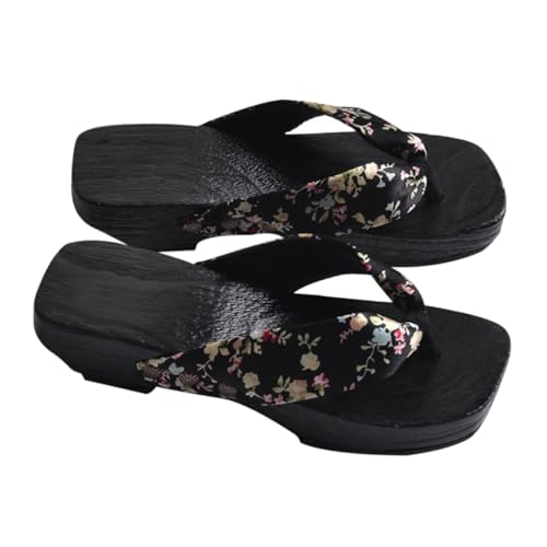 SHERCHPRY Japanische Damen Holz Clogs Sandalen Sommer Sandaletten Atmungsaktiv Traditionell Flach Geeignet für Innen und Außen Schwarz Satin von SHERCHPRY