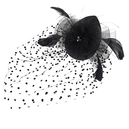 SHERCHPRY Kopfbedeckung aus gepunktetem Mesh Pillbox-Hut Braut Kopfbedeckungen für die Hochzeit Haarnadel Tiara Kopfbedeckungen für Bankette Hochzeits-Fascinator-Hut Perle von SHERCHPRY