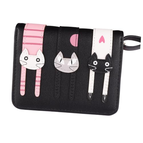 SHERCHPRY Kurz Damen Geldbörse mit Katzenmuster PU Zipper Portemonnaie Kompakt mit Mehreren Fächern Schwarze Süße Münzgeldbörse für Schule Büro und Alltag von SHERCHPRY