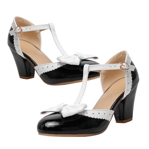 SHERCHPRY Schwarze Bow High Heel Sandaletten Damen Sommer Schleifen Design Runde Spitze Flacher Absatz Bequeme Stilvolle Schuhe für Alltag und Arbeit von SHERCHPRY