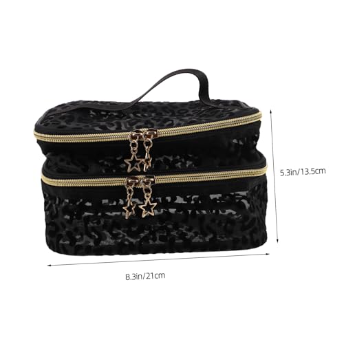 SHERCHPRY Schwarze Leopardendruck Makeup Tasche Damen Doppellagige Mesh Kosmetiktasche Tragbarer und Strapazierfähiger Nylon Organizer für Reisen und Tägliche Schönheitsutensilien von SHERCHPRY