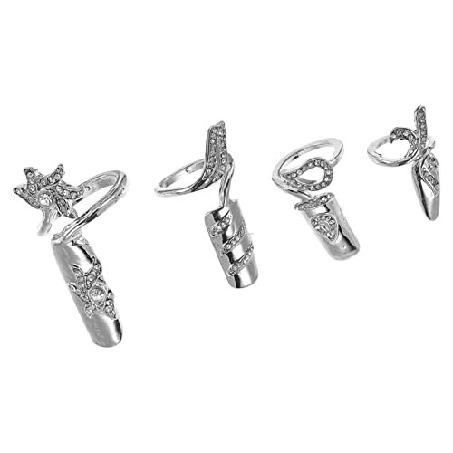 SHERCHPRY Strass- Fingernagelringe 4- Teilige Kristall- Nagelabdeckungsringe Punkrock- Gothic- Handnagelringe Fingernagel- Schmuckringe für Frauen Mädchen Silber von SHERCHPRY