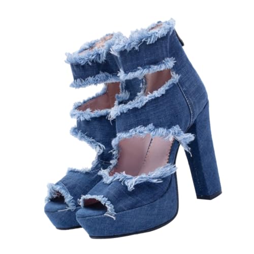 SHERCHPRY Stylische Damen Sandalen mit Offenem Zeh Modische Hohe Absatzschuhe aus Atmungsaktivem Bequeme Klobige High Heels für Party Hochzeit Arbeit und Besondere Anlässe Blau von SHERCHPRY