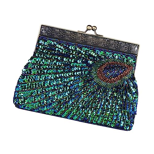 SHERCHPRY Vintage Pfauen Blau Pailletten Abendtasche Damen Clutch Handtasche mit Stickerei Mittlere Kapazität für Hochzeit Party Cocktail und Formelle Anlässe Geeignet von SHERCHPRY
