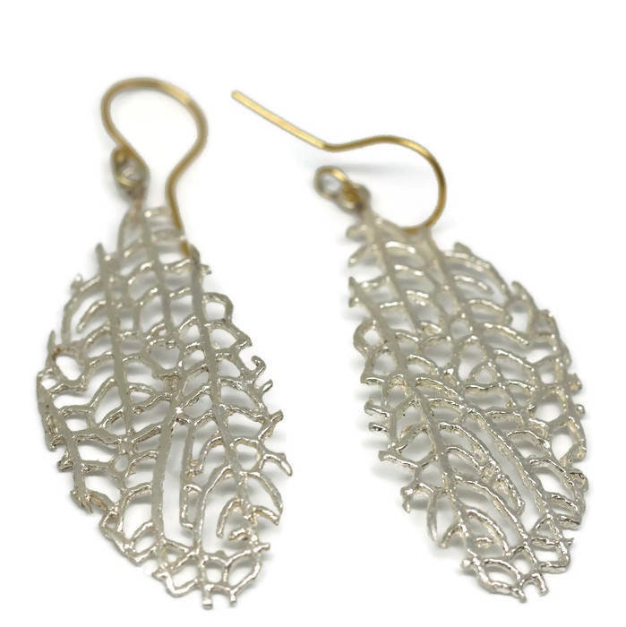 Große Silber Spitzen Ohrringe, Fächer Koralle Ohrring Tropfen Ovale Disc Ohrringe An 14K Gold Brisuren Handarbeit Von Sheri Beryl von SHERIBERYL