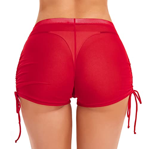 SHERRYLO Badeshorts Frauen Sheer Board Short Durchsichtig Bikini Bottom Mesh Badeanzug Bottoms Sexy See Thru Badeanzug, Rot/Ausflug, einfarbig (Getaway Solids), S von SHERRYLO