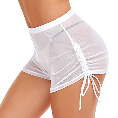 SHERRYLO Badeshorts für Damen, durchsichtig, Bikinihose, Netzstoff, sexy, durchsichtig, Badeanzug, Weiss/opulenter Garten, Large von SHERRYLO