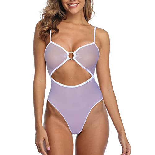 SHERRYLO Durchsichtiger einteiliger Badeanzug für Damen, durchsichtiger Body, Monokini, sexy Netz-Tanga, Teddy, Badeanzüge, Mikro-Bikini, schwarz, Weiß, Medium von SHERRYLO