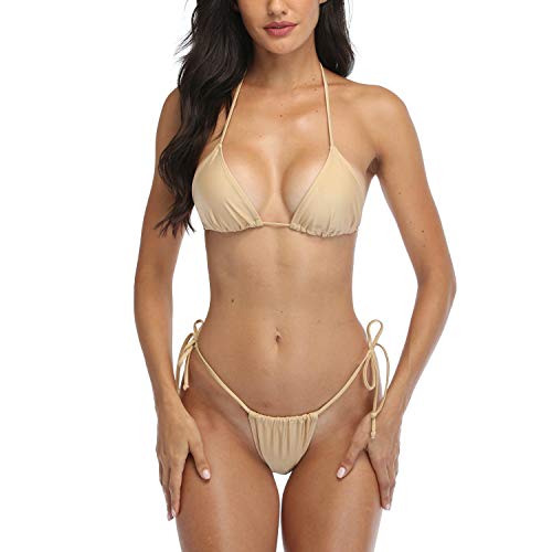 SHERRYLO Tanga-Bikini, Badeanzug für Damen, brasilianisches Unterteil, Triangel-Bikini, Oberteil, Badeanzug, Gold, Medium von SHERRYLO