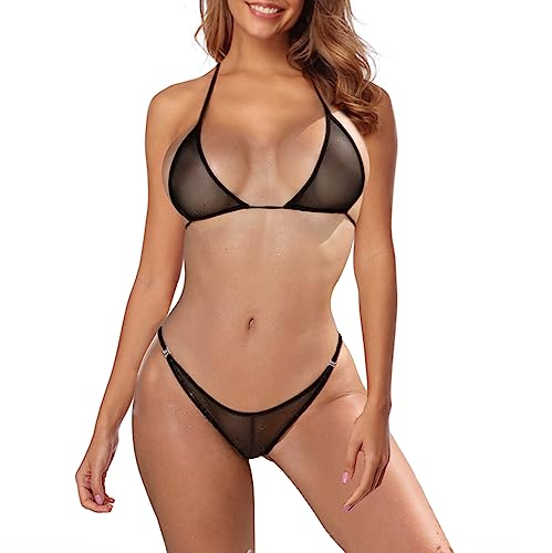 SHERRYLO Transparent Mesh Bikinis Set See-Through Swimsuit (Black, XL) von SHERRYLO