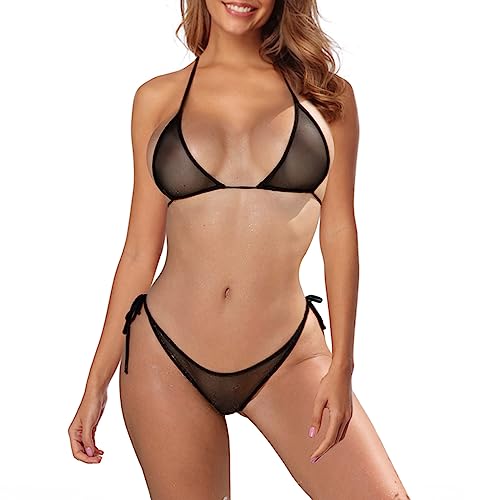 SHERRYLO Durchsichtiger Bikini, durchsichtig, Micro-Bikinis, extremes Netzgewebe, brasilianischer Badeanzug mit G-String, Tanga, 17181-2, schwarz, XL von SHERRYLO