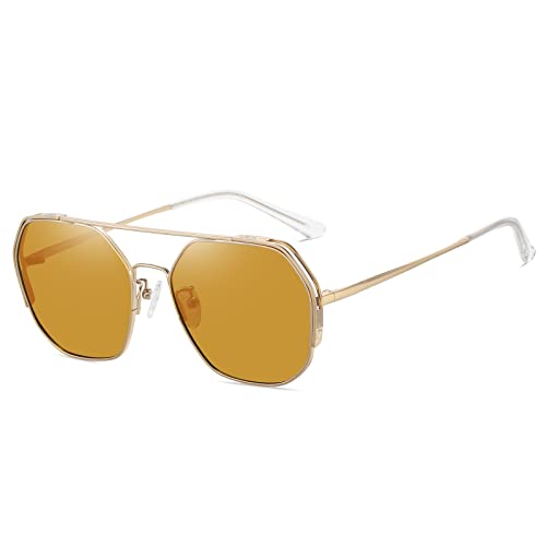 SHES Double Bridge Polygon Polarisierte Sonnenbrille für Frauen Designer Klassische Sonnenbrille Hexagon Frame Shades SH3016 (Gold Rahmen Gelb Linse) von SHES