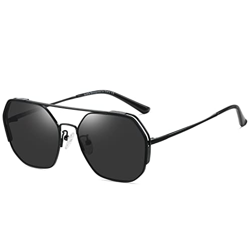 SHES Double Bridge Polygon Polarisierte Sonnenbrille für Frauen Designer Klassische Sonnenbrille Hexagon Frame Shades SH3016 (Schwarz Rahmen Grau Linse) von SHES
