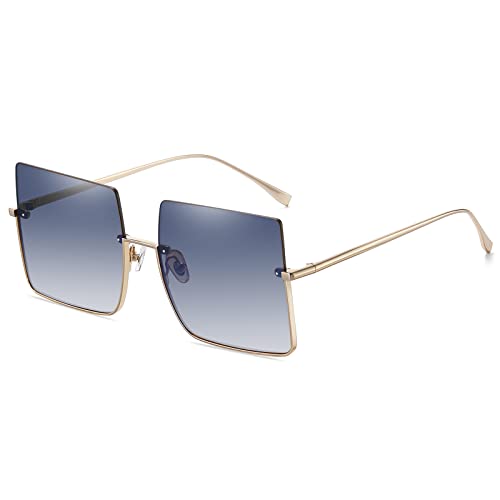SHES Überdimensioniert Quadrat Sonnenbrille für Damen Designer Trendy Shades Halbrandloses Metallgestell SH3103 (C2-Gold Rahmen Farbverlauf Blau Linse) von SHES