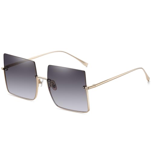SHES Überdimensioniert Quadrat Sonnenbrille für Damen Designer Trendy Shades Halbrandloses Metallgestell SH3103 (C4-Gold Rahmen Farbverlauf Grau Linse) von SHES