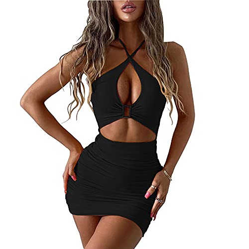 SHESEEWORLD Damen Sexy Club ärmelloses Neckholder gerüschtes figurbetontes Mini-Kleid Clubwear, schwarz, Mittel von SHESEEWORLD