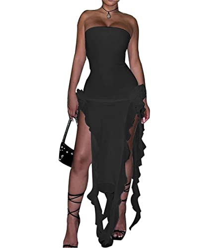 SHESEEWORLD Damen Sexy Fransen Rüschen Ärmellos Rückenfrei Schulterfrei Bodycon Split Unregelmäßiger Saum Maxi Flowy Kleid, Schwarz, Mittel von SHESEEWORLD