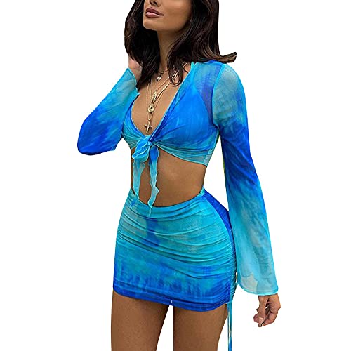 SHESEEWORLD Damen Sexy Langes ärmelloses 2-teiliges Sheer Mesh Cover Up Kleid Crop Top Figurbetont Gerüschte Mini Rock Sets, blau, Klein von SHESEEWORLD