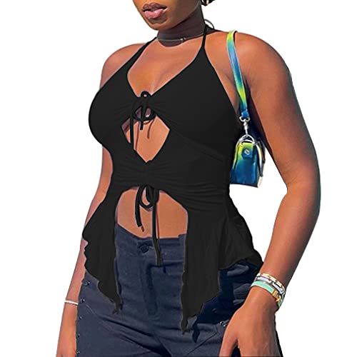 SHESEEWORLD Sexy Hollow Out Spaghhetti Strap Crop Tank Top Kordelzug Rüschen Rückenfrei Slim Camisole Shirts Streetwear, schwarz, X-Groß von SHESEEWORLD