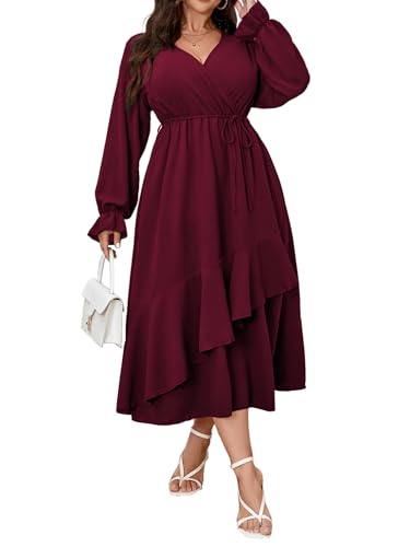 SHESTARR Damen Maxikleid in Übergröße, für Hochzeitsgäste, Cocktailkleid, Wickelkleid, V-Ausschnitt, lange Ärmel, Rüschensaum, geteiltes langes Kleid, Burgunder, XX-Large Mehr von SHESTARR