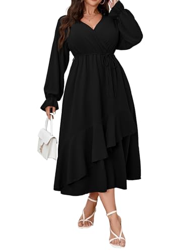 SHESTARR Damen Maxikleid in Übergröße, für Hochzeitsgäste, Cocktailkleid, Wickelkleid, V-Ausschnitt, lange Ärmel, Rüschensaum, geteiltes langes Kleid, Schwarz, X-Large Mehr von SHESTARR