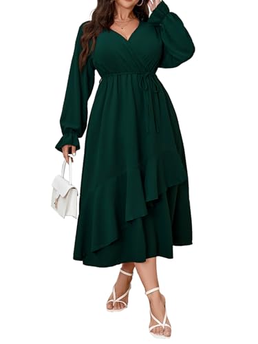 SHESTARR Damen Maxikleid in Übergröße, für Hochzeitsgäste, Cocktailkleid, Wickelkleid, V-Ausschnitt, lange Ärmel, Rüschensaum, geteiltes langes Kleid, Smaragdrün, XXX-Large Mehr von SHESTARR