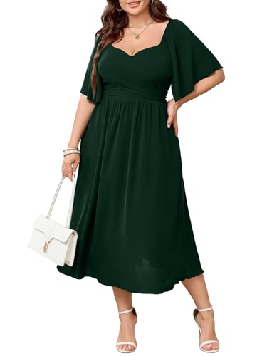 SHESTARR Damen-Midikleid, Übergröße, Herzausschnitt, Kurze Ärmel, Hochzeitsgast, Cocktailkleid, A-Linie, fließendes Kleid, Smaragdrün, XXX-Large Mehr von SHESTARR