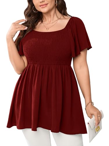 SHESTARR Damen Plus Size Dressy Tops Square Neck Kurzarm Gesmokte Schößchen Bluse Tops Shirts, Burgunder, 3XL Mehr von SHESTARR