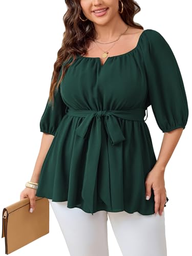 SHESTARR Damen Plus Size Square Neck Schößchen Blusen Dressy Tops 3/4 Puffärmel Empire-Taille Krawatte Rüschen Saum Babydoll Top, Grün , 4XL Mehr von SHESTARR