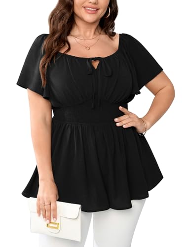 SHESTARR Damen Plus Size Tops Quadratischer Ausschnitt Schößchen Blusen Kurzarm Gesmoktes Babydoll Top, Schwarz, XXX-Large Mehr von SHESTARR