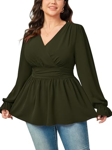 SHESTARR Damen Übergröße Tops Wickelbluse V-Ausschnitt Langarm Rüschen Schößchen Tops Casual Geraffte Top, Grün (Army Green), XX-Large Mehr von SHESTARR