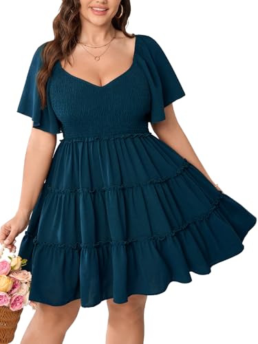 SHESTARR Lässiges Damen-Minikleid in Übergröße, Herzausschnitt, kurze Flatterärmel, gesmokt, A-Linie, gestufte Rüschenkleider, Seeblau, 4XL von SHESTARR