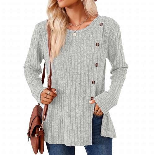 SHEYOW Damen Langarm Pullover Lässige Strickpullover Tunika Lang Lose Langarmshirt Winter Outwear (2XL, Hellgrau) von SHEYOW