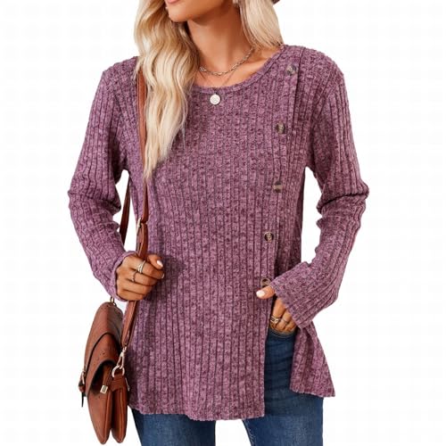 SHEYOW Damen Langarm Pullover Lässige Strickpullover Tunika Lang Lose Langarmshirt Winter Outwear (2XL, Purpurrot) von SHEYOW