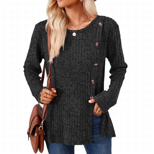 SHEYOW Damen Langarm Pullover Lässige Strickpullover Tunika Lang Lose Langarmshirt Winter Outwear (2XL, Schwarz) von SHEYOW