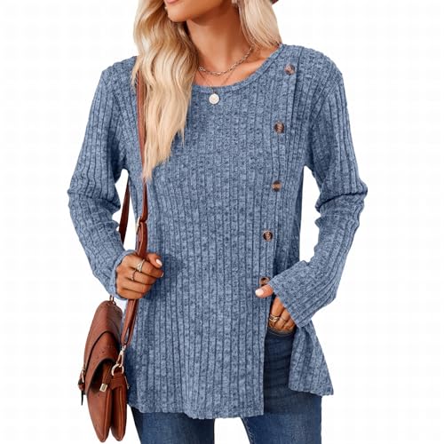 SHEYOW Damen Langarm Pullover Lässige Strickpullover Tunika Lang Lose Langarmshirt Winter Outwear (L, Dunkelblau) von SHEYOW