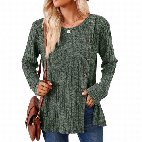 SHEYOW Damen Langarm Pullover Lässige Strickpullover Tunika Lang Lose Langarmshirt Winter Outwear (S, Dunkelgrün) von SHEYOW