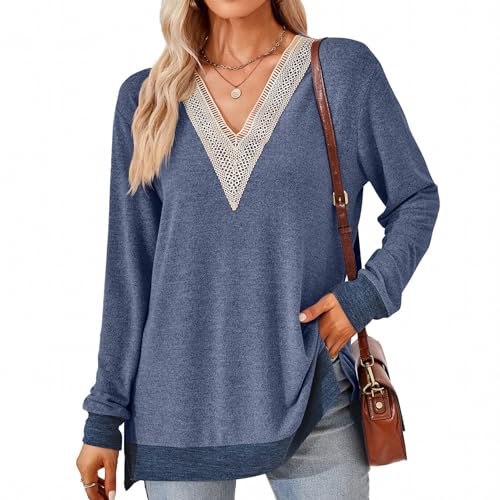 SHEYOW Damen Langarm Pullover Shirts V-Ausschnitt Tunika Lässige Tops Weich Lose Langarmshirt Streetwear (M, Dunkelblau) von SHEYOW